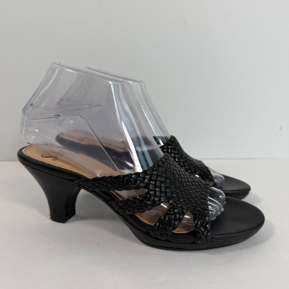 Sofft Black Woven Leather Mule Sandals 7.5 Slip On Kitten Heel Slides Resortwear